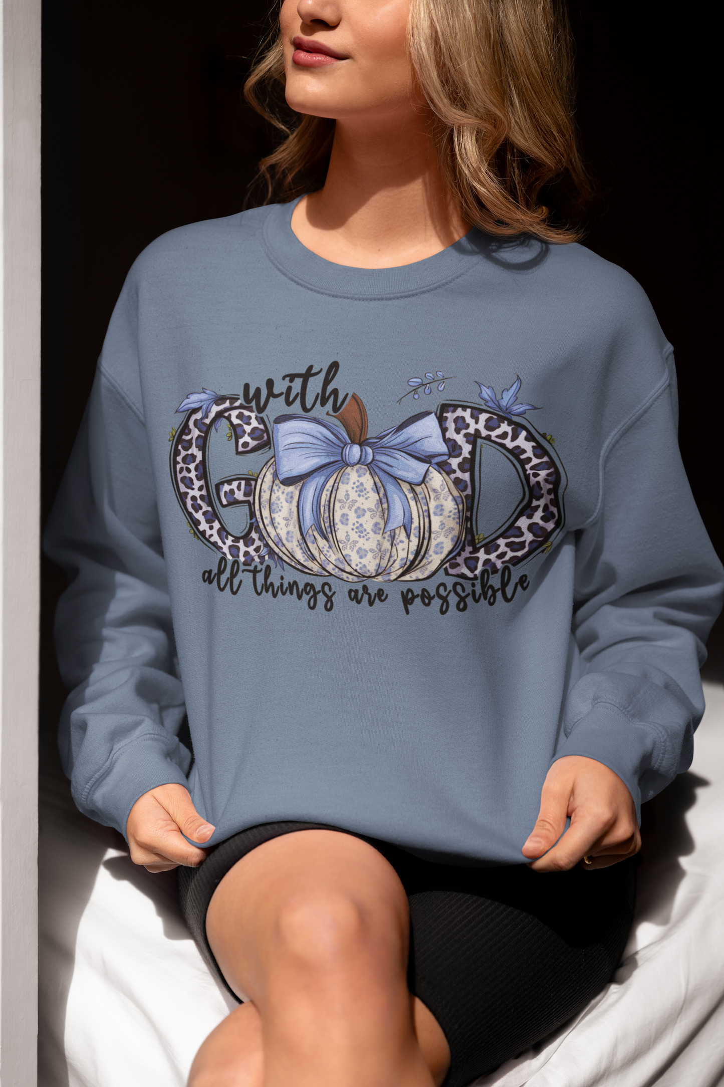 With God All Things are Possible Unisex Crewneck Sweatshirt Blue